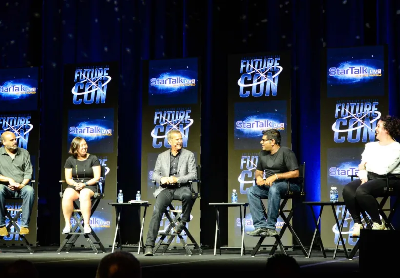 Stacey Severn's photo of the cast of StarTalk Live at FutureCon - Scott Adsit, Katherine Pratt, Chris Hadfield, Suveen Mathaudu, Maeve Higgins.