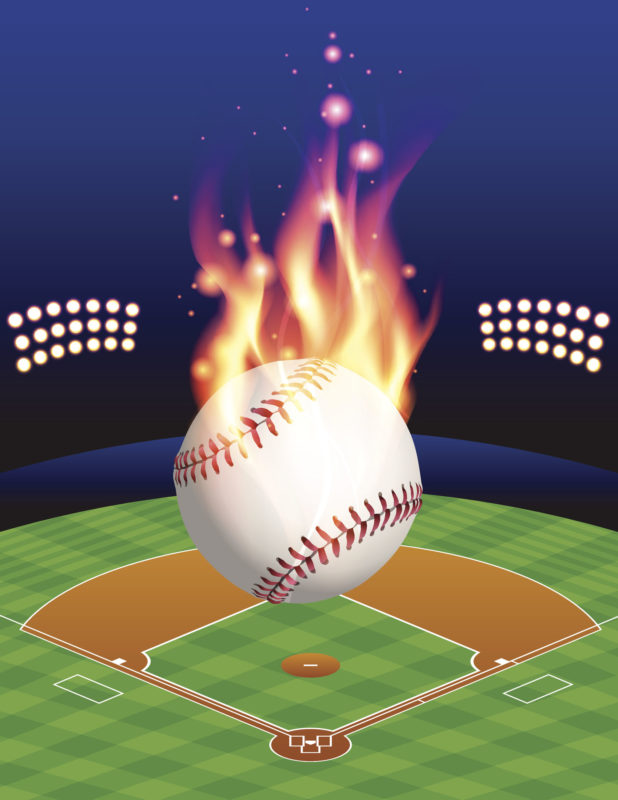 Illustration of a flaming baseball over a baseball field for the StarTalk Playing with Science and TuneIn World Series ticket giveaway. Credit: elinedesignservices/iStock.