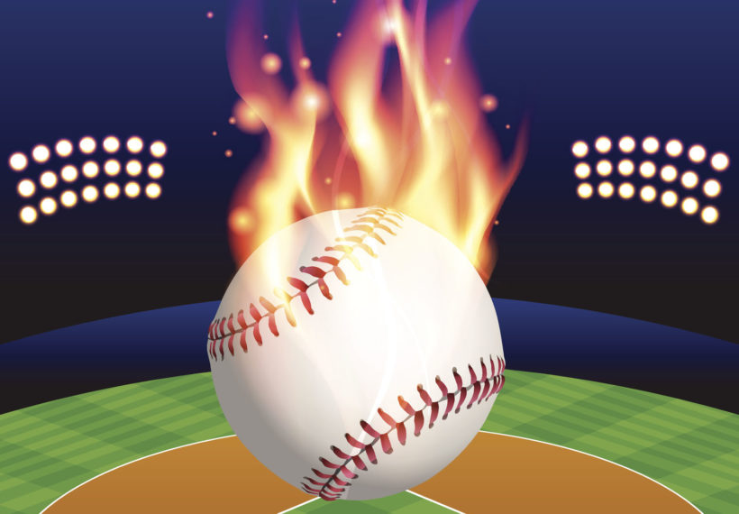 Illustration of a flaming baseball over a baseball field for the StarTalk Playing with Science and TuneIn World Series ticket giveaway. Credit: elinedesignservices/iStock.
