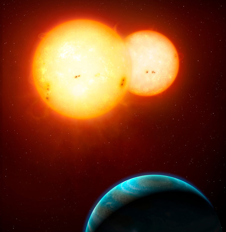 Artist’s rendering, courtesy of NASA, showing the Kepler-35 binary star system. Image credit: © Mark A. Garlick / space-art.co.uk