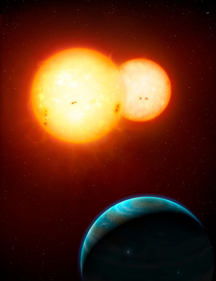 Artist’s rendering, courtesy of NASA, showing the Kepler-35 binary star system. Image credit: © Mark A. Garlick / space-art.co.uk