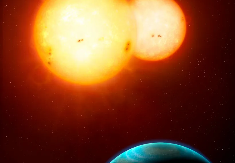 Artist’s rendering, courtesy of NASA, showing the Kepler-35 binary star system. Image credit: © Mark A. Garlick / space-art.co.uk