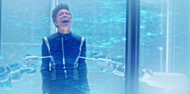 CBS image showing Discovery’s protagonist Michael Burnham screaming something along the lines of “Khannn!” in frustration at the idiocy of the spore drive.