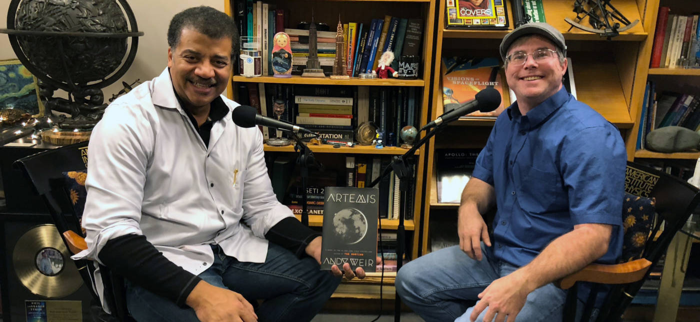 Ben Ratner’s photo of Neil deGrasse Tyson, Artemis, and Andy Weir in Neil’s office.