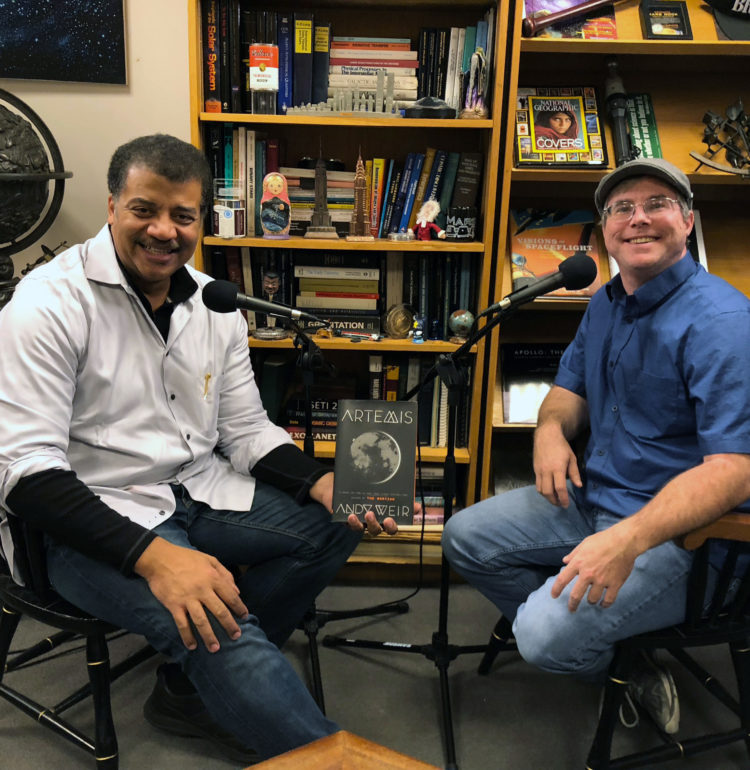 Ben Ratner’s photo of Neil deGrasse Tyson, Artemis, and Andy Weir in Neil’s office.