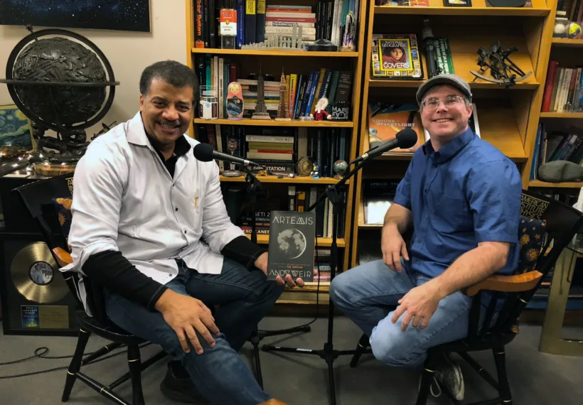 Ben Ratner’s photo of Neil deGrasse Tyson, Artemis, and Andy Weir in Neil’s office.