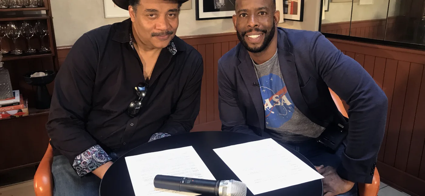 Ben Ratner’s photo of Neil deGrasse Tyson and Chuck Nice getting ready for Cosmic Queries Facebook Live at Sessanta.
