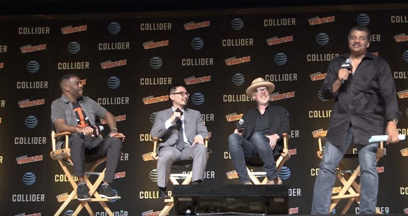 Photo of Chuck Nice, Matthew Liao, Adam Savage and Neil deGrasse Tyson on stage at NY Comic Con 2017