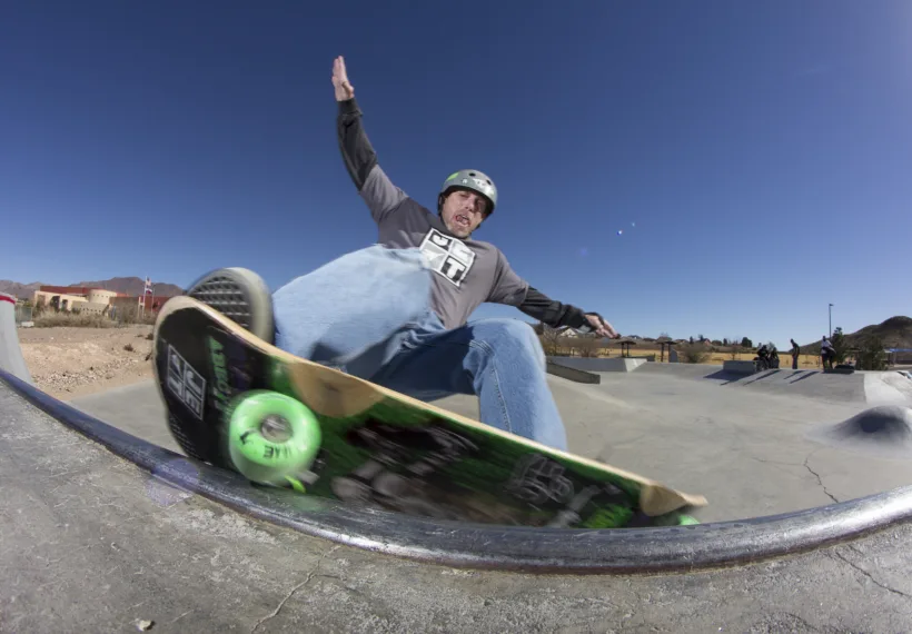 Photo showing Dr. Skateboard executing a frontside grind, courtesy of www.drskateboard.com.