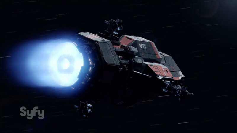 The Rocinante burning her Epstein drive. Credit: SyFy. 