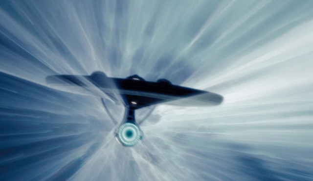 J.J. Abram’s Enterprise warping into what’s sure to be a lens flare ridden engagement. Credit: Paramount Pictures