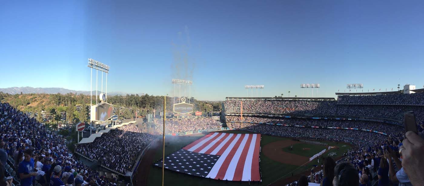 Jessica Stacy's photo of the gigantic US flag at Dodger Stadium for her Playing with Science World Series blog post.