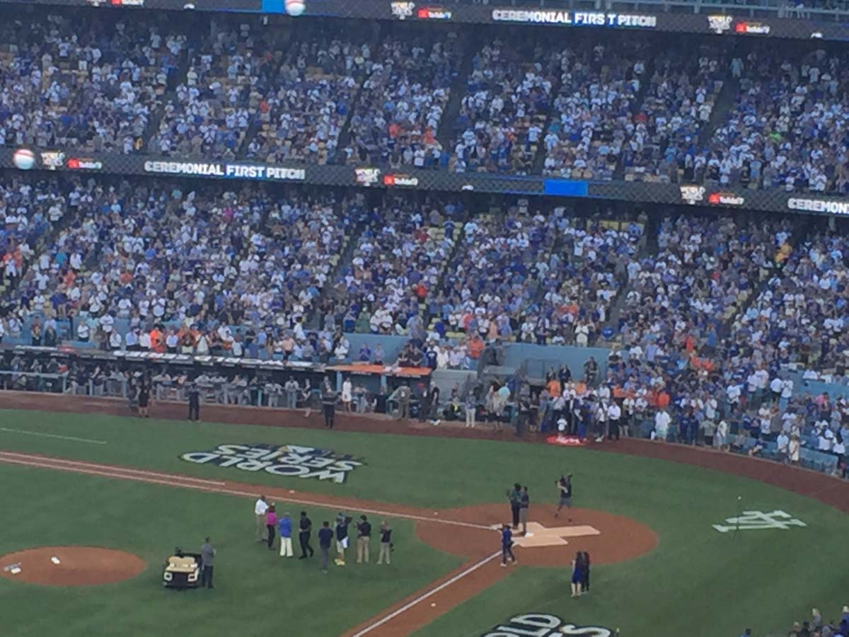 Jessica Stacy's photo of the ceremonial first pitch at the World Series game she attended thanks to Playing with Science and TuneIn.
