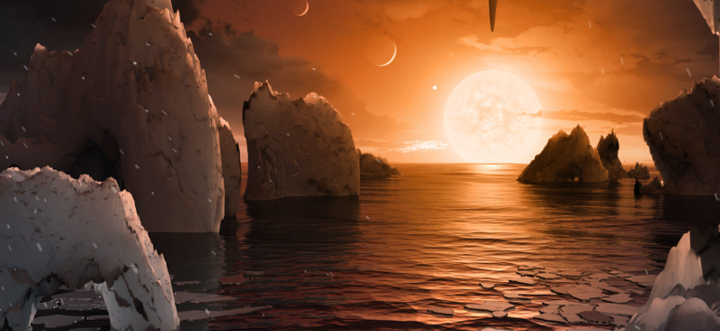 Artist’s depiction of the view from TRAPPIST-1f. Credit: NASA/JPL-Caltech/T. Pyle (IPAC).