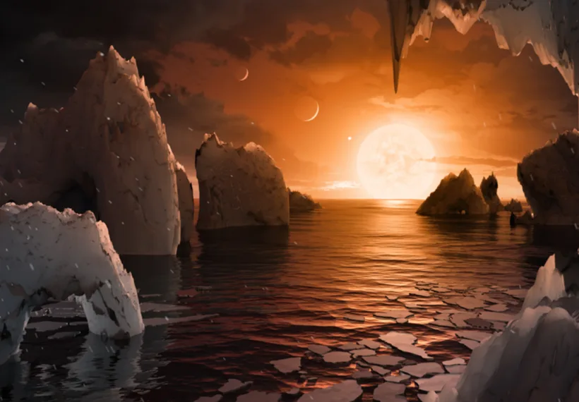 Artist’s depiction of the view from TRAPPIST-1f. Credit: NASA/JPL-Caltech/T. Pyle (IPAC).