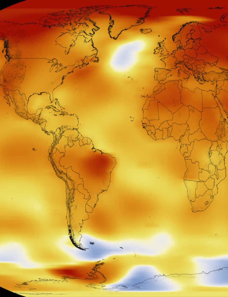 NASA/NOAA graphic showing Global temperature anomalies in 2016, with red representing areas that were 2 degrees Celsius warmer than the 20th century mean, and blue 2 degrees below the mean.