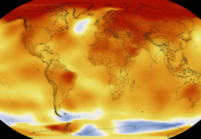 NASA/NOAA graphic showing Global temperature anomalies in 2016, with red representing areas that were 2 degrees Celsius warmer than the 20th century mean, and blue 2 degrees below the mean.