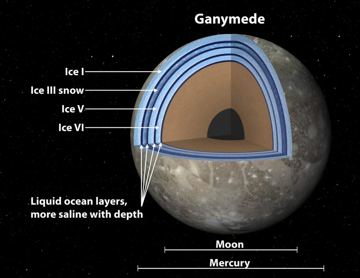 Cutaway diagram of Ganymede showing subsurface oceans. Image credit: NASA/JPL-Caltech. 