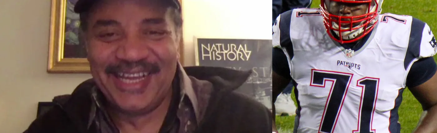 A split screen photo showing Neil deGrasse Tyson and Cameron Fleming, photo credit by Jeffrey Beall under Creative Commons Attribution 3.0 Unported license: https://creativecommons.org/licenses/by/3.0/deed.en.