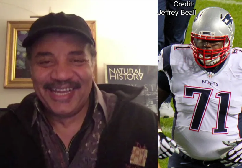 A split screen photo showing Neil deGrasse Tyson and Cameron Fleming, photo credit by Jeffrey Beall under Creative Commons Attribution 3.0 Unported license: https://creativecommons.org/licenses/by/3.0/deed.en.
