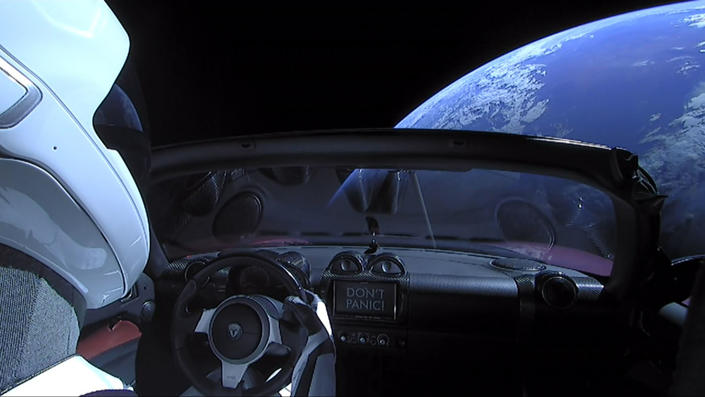 Elon Musk’s Starman looking back to Earth, courtesy of SpaceX.