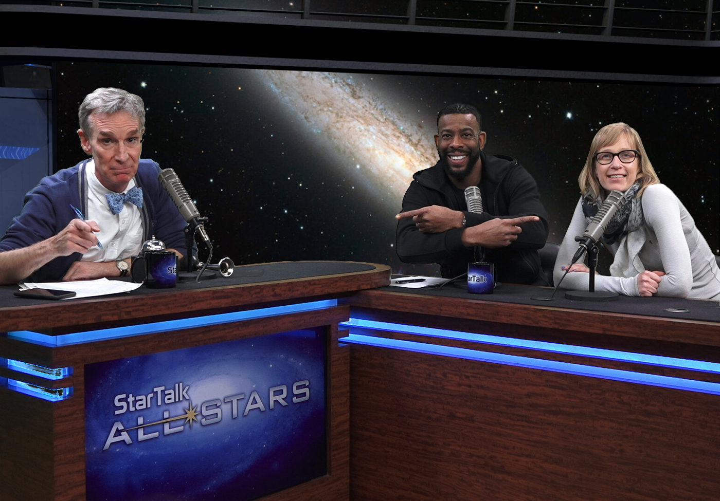 Ben Ratner's photo of Bill Nye, Chuck Nice, and Kate Marvel talking climate change in the StarTalk All-Stars studio.