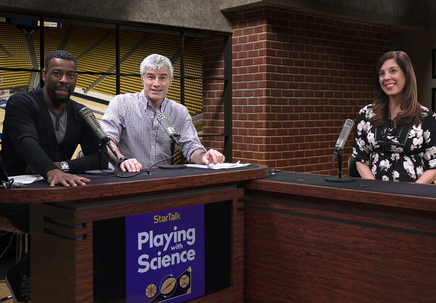 Ben Ratner's photo of Chuck Nice, Gary OReilly and Leah Lagos in the Playing with Science studio.