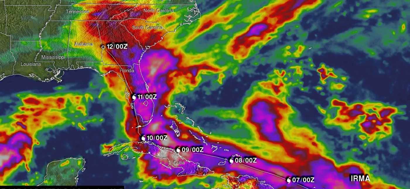 NASA's IMERG weather map image from showing estimated total rainfall along Irma's path across the Atlantic Ocean. Credit: NASA/GSFC/SSAI/Hal Pierce.