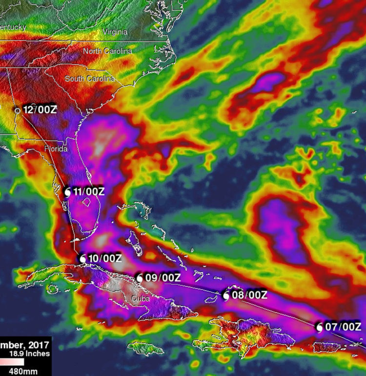 NASA's IMERG weather map image from showing estimated total rainfall along Irma's path across the Atlantic Ocean. Credit: NASA/GSFC/SSAI/Hal Pierce.