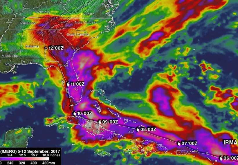NASA's IMERG weather map image from showing estimated total rainfall along Irma's path across the Atlantic Ocean. Credit: NASA/GSFC/SSAI/Hal Pierce.