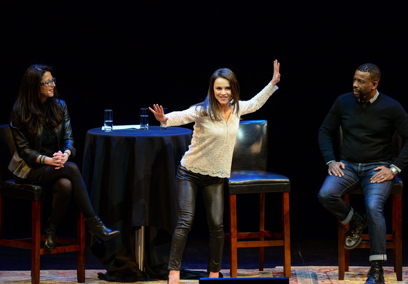 Elliot Severn's photo of Heather Berlin, Sasha Cohen, and Chuck Nice onstage at Playing with Science at BAM.
