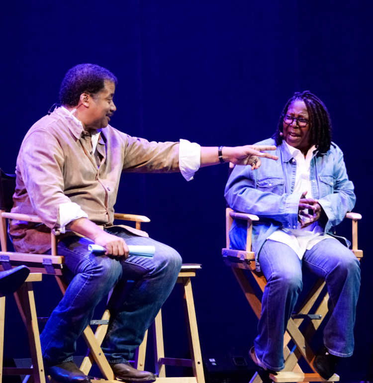 Elliot Severn's photo of Neil deGrasse Tyson, Whoopi Goldberg, and Rev. James Martin, SJ on stage at the Kings Theatre.