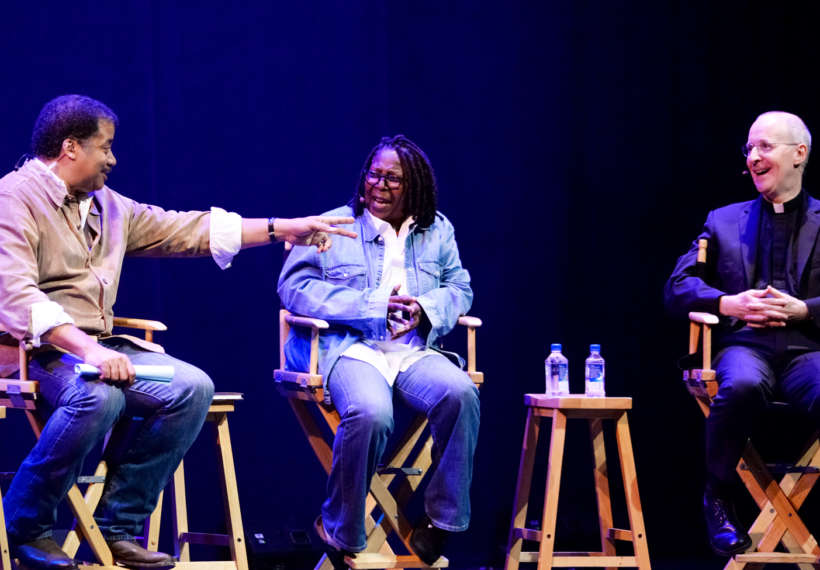 Elliot Severn's photo of Neil deGrasse Tyson, Whoopi Goldberg, and Rev. James Martin, SJ on stage at the Kings Theatre.