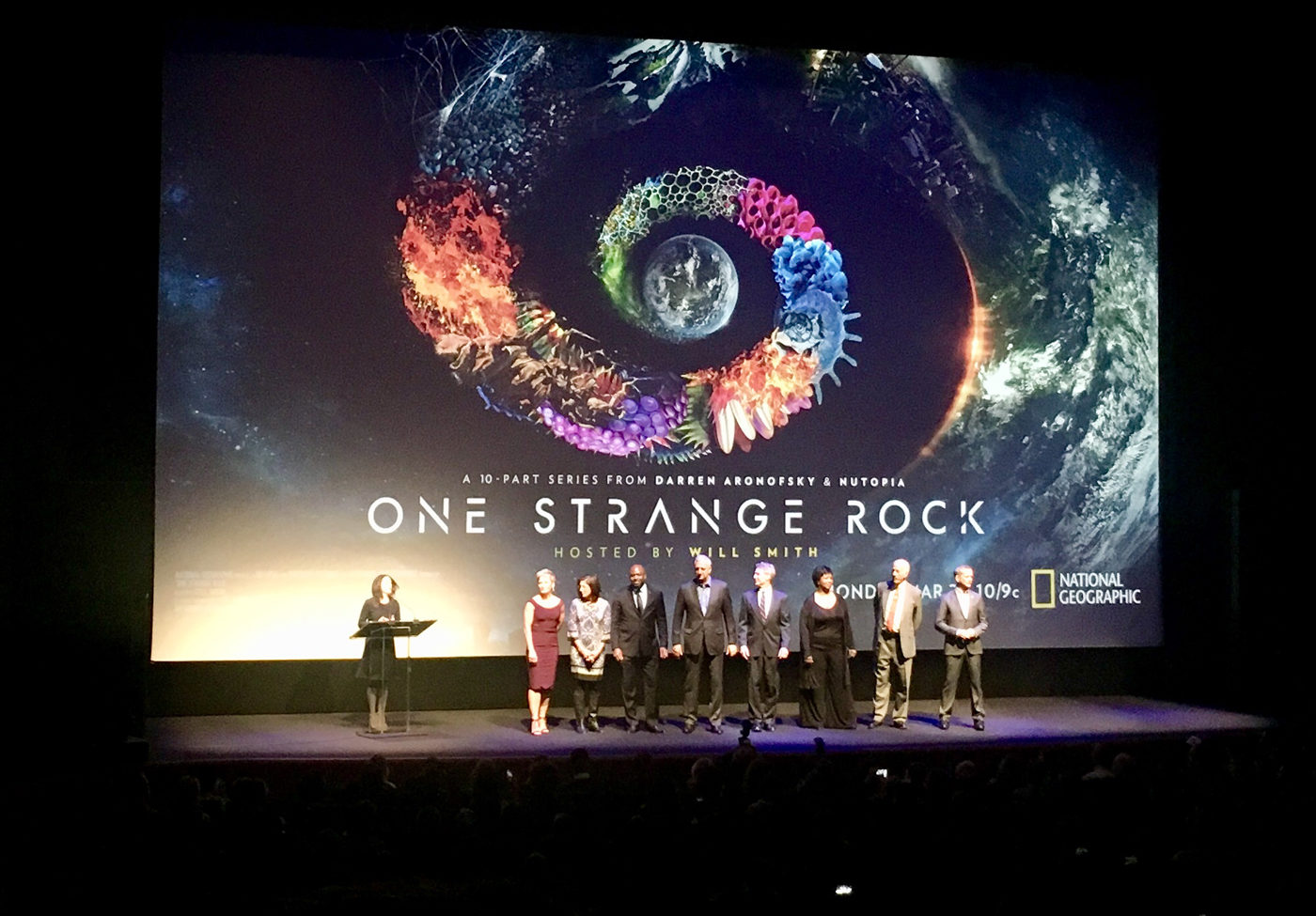 Photo of cast taken March 14, 2018 New York premiere of "One Strange Rock" by Natalia Reagan.
