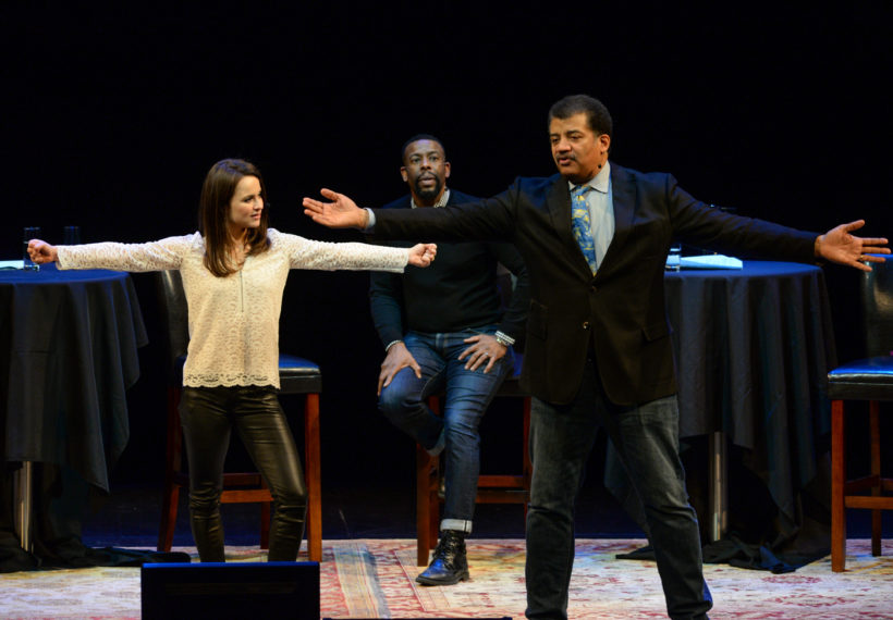 Elliot Severn’s photo of Sasha Cohen, Chuck Nice and Neil deGrasse Tyson on stage at Playing with Science at BAM.