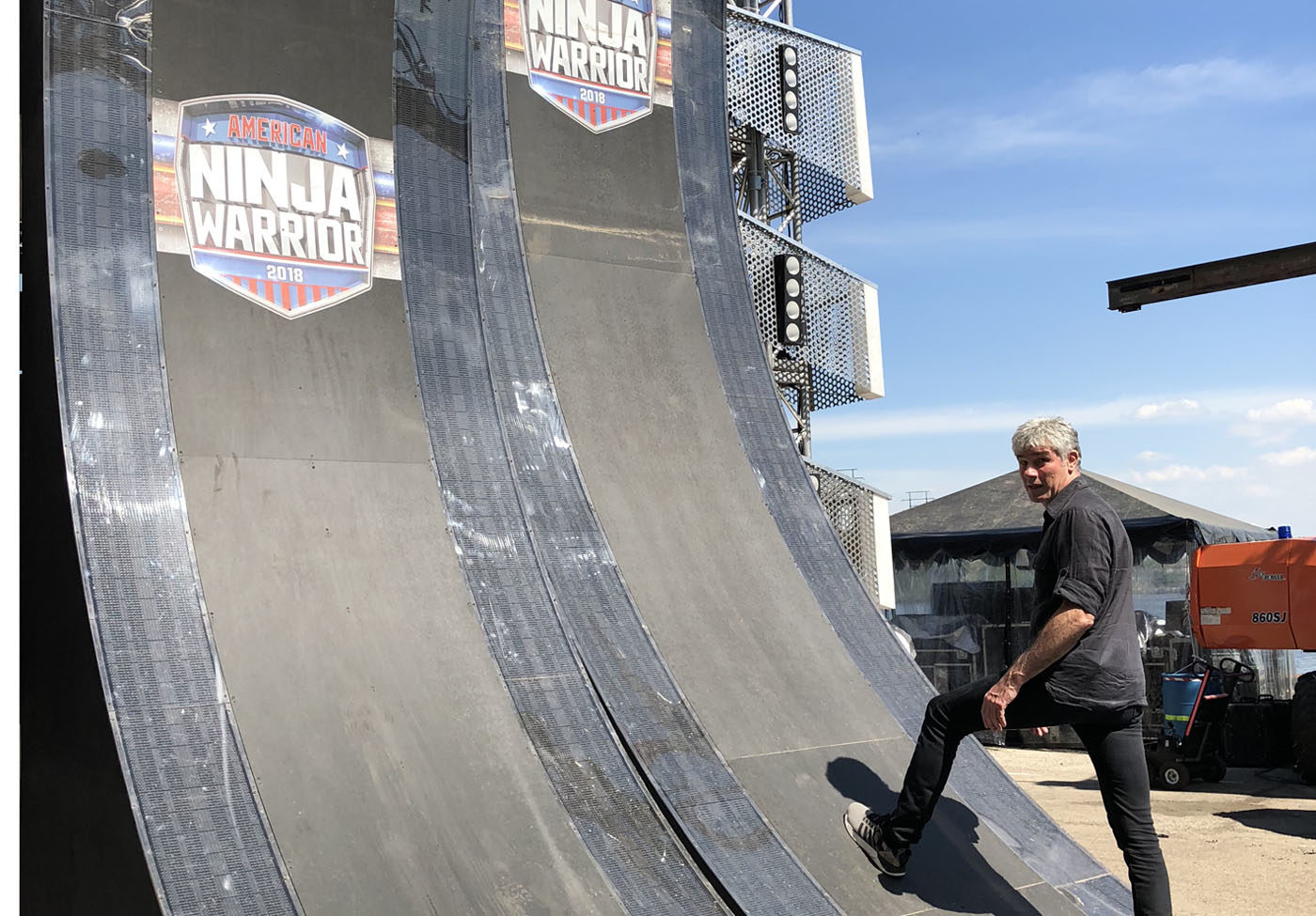 Ben Ratner's photo of Playing with Science host Gary O’Reilly and “The Warped Wall” from American Ninja Warrior.