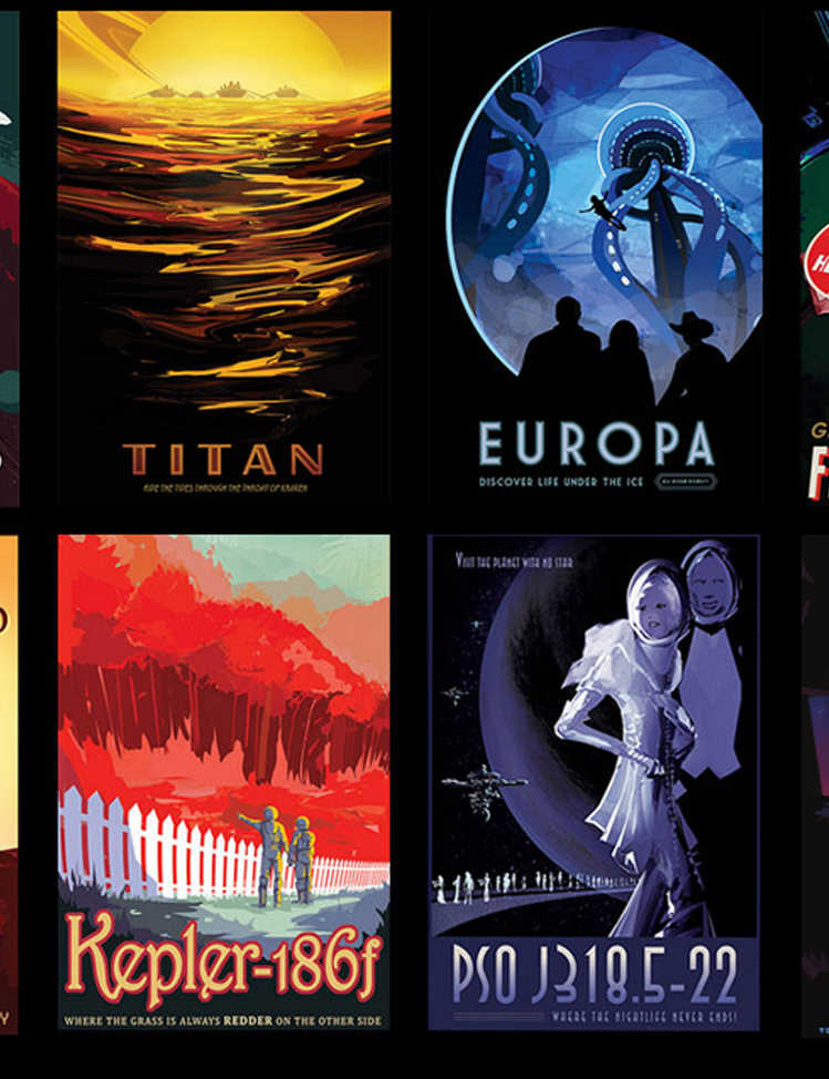 A selection of space travel posters for Europa, Titan, Enceladus and more, courtesy of NASA/JPS-Caltech.