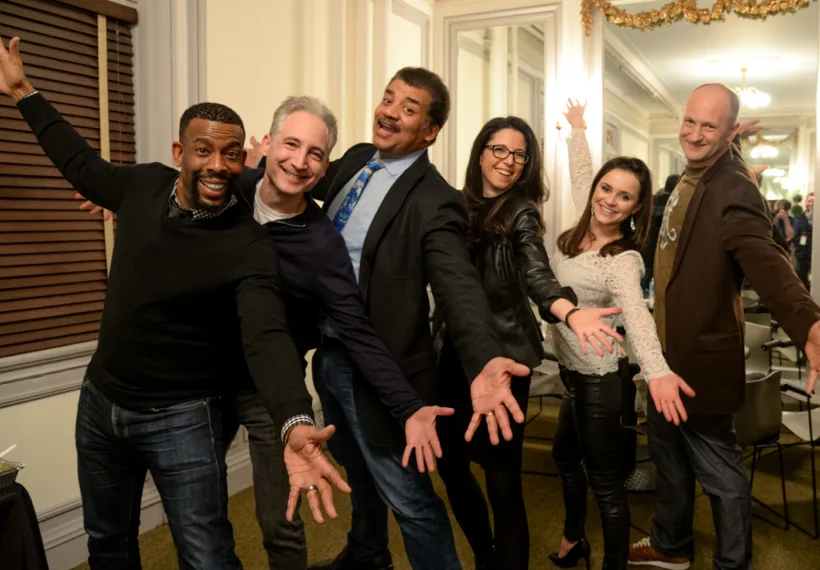 Elliot Severn’s photo of Chuck Nice, Brian Greene, Neil deGrasse Tyson, Heather Berlin, Sasha Cohen, and Baba Brinkman at BAM.