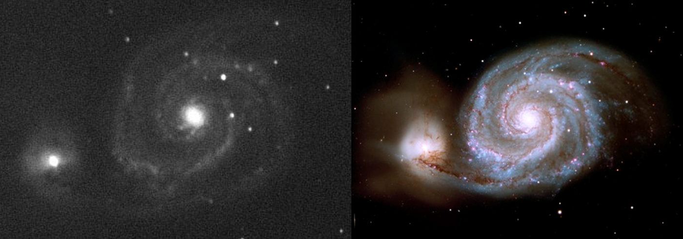 Two images of the Whirlpool Galaxy (M51), one taken by Hubble and the other an example of what would be visible through a large (>10 inches in diameter) telescope with your eye. Left image credit: Clif Aschraft, Right image credit: NASA/Hubble.