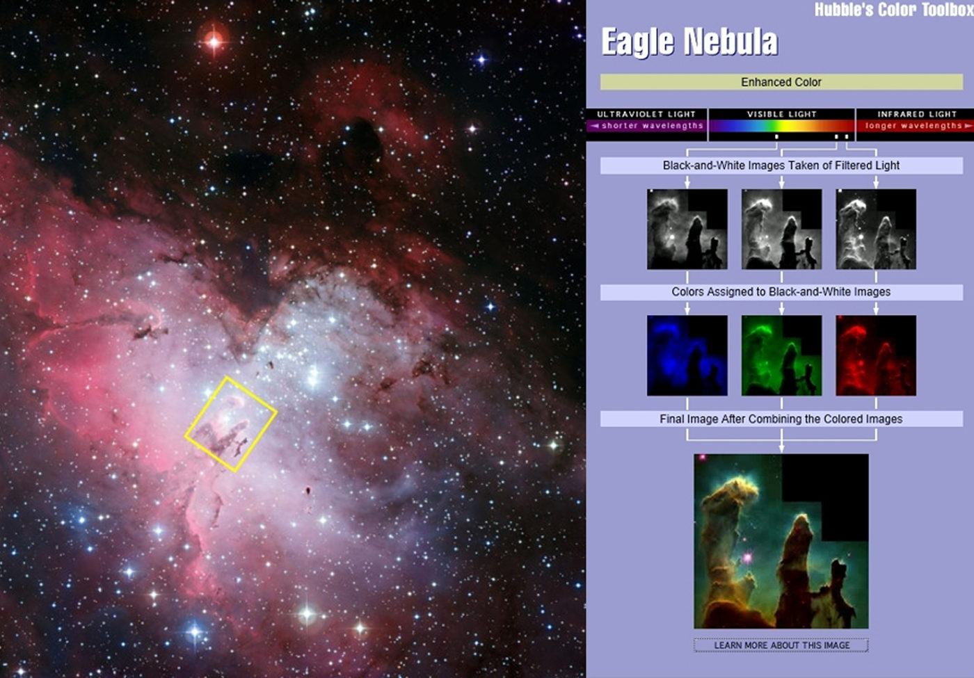Two views of the Eagle Nebula in visible light. Left image credit: ESA/La Silla Observatory. Right image credit: NASA/Hubble.