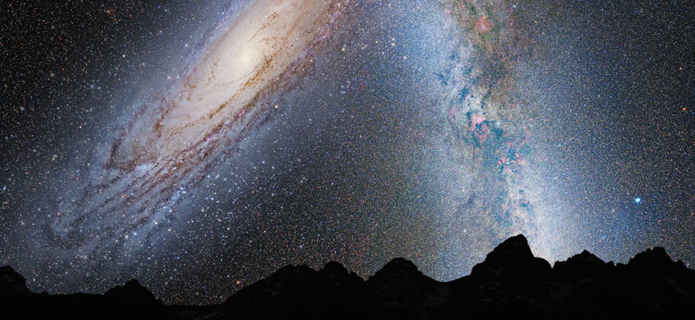 A NASA illustration of Earth's night sky in 3.75 billion years, when the Andromeda galaxy and the Milky Way galaxy collide.