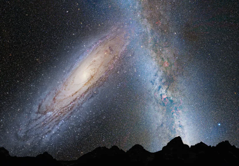 A NASA illustration of Earth's night sky in 3.75 billion years, when the Andromeda galaxy and the Milky Way galaxy collide.