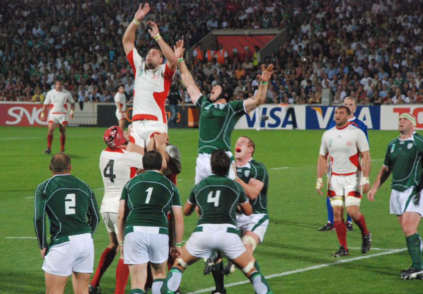 Photo of Ireland and Georgia contesting a line-out in the 2007 Rugby World Cup by M+MD (Ireland V Georgia Rugby) via Wikimedia Commons.