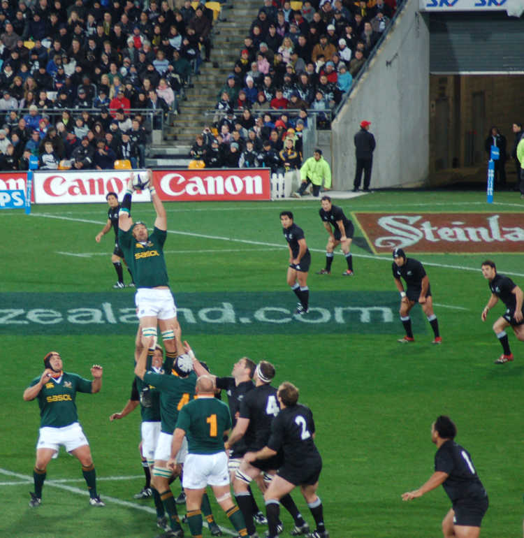Hamish McConnochie’s photo of South African Victor Matfield taking a line-out against New Zealand in 2006, via Wikimedia Commons.