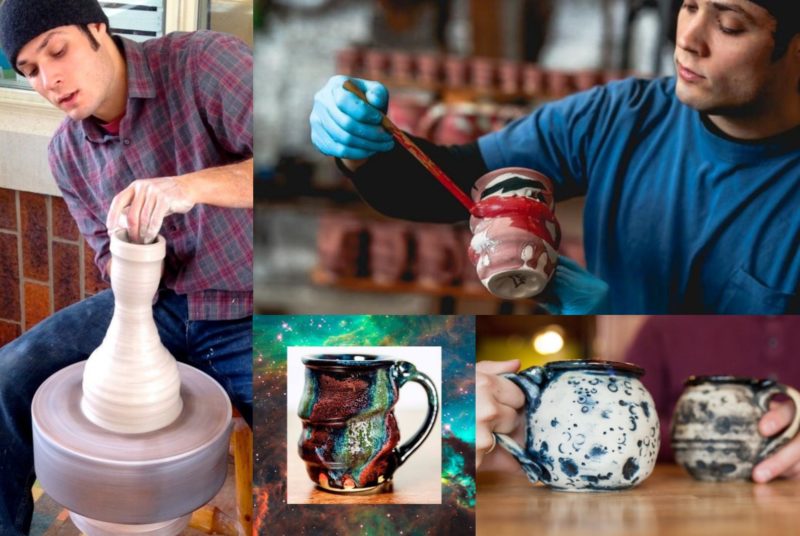 A montage of photos showing potter Joel Cherrico at work, credited to Joel Cherrico Pottery, Steve Diamond Elements, Nicole Pederson Photography and hubblesite.org/image/2397/news/3-nebulae.