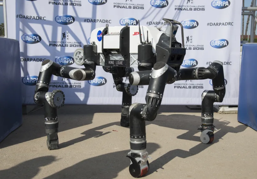 JPL's RoboSimian at the DARPA Robotics Challenge Finals in 2015. Photo Credit: J.Krohn, courtesy of JPL-Caltech.