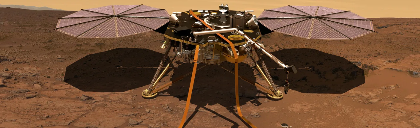 NASA/JPL-Caltech artist's rendition of the InSight lander operating on the surface of Mars.