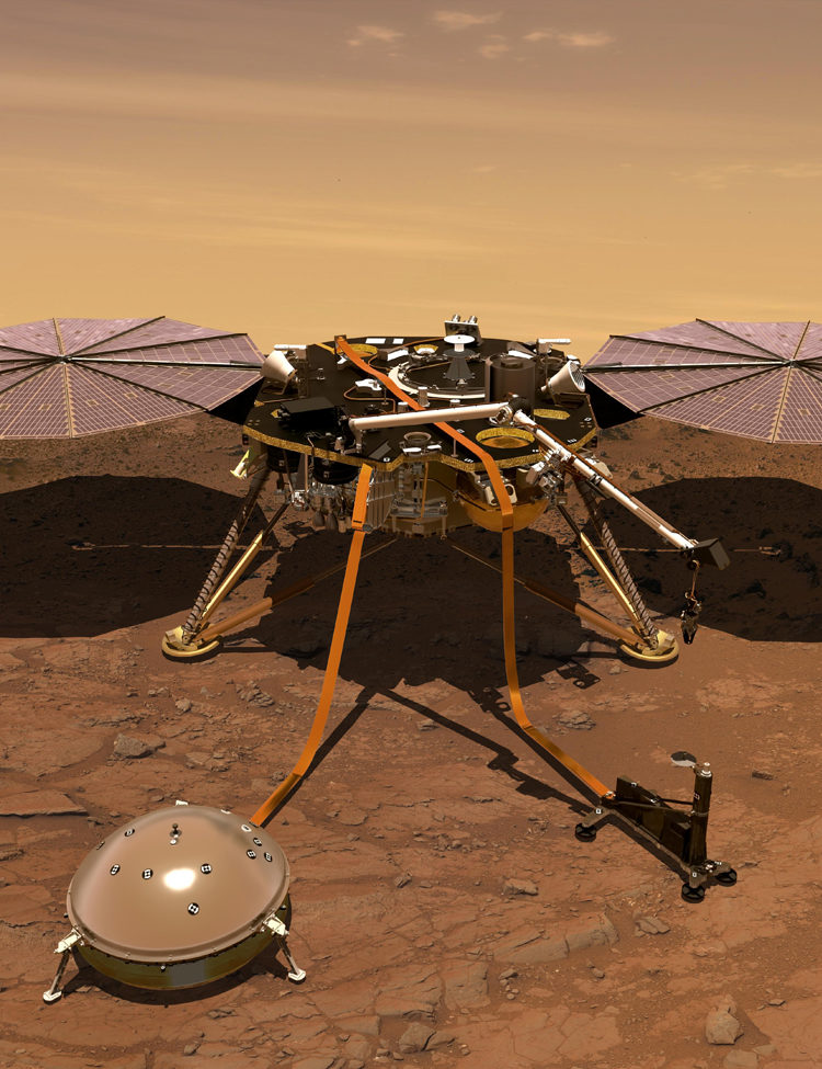 NASA/JPL-Caltech artist's rendition of the InSight lander operating on the surface of Mars.