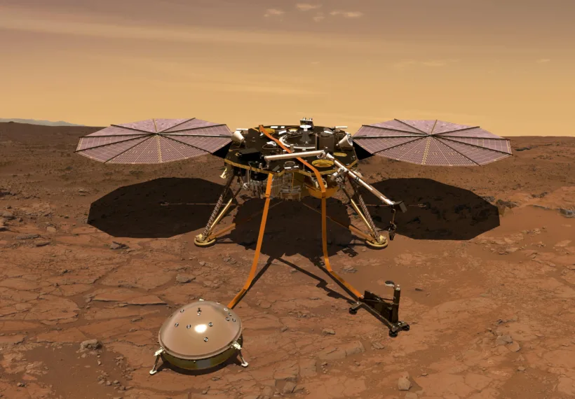 NASA/JPL-Caltech artist's rendition of the InSight lander operating on the surface of Mars.