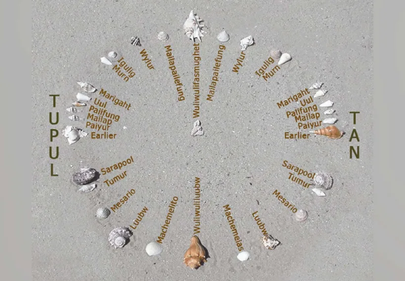 Newportm’s photo of a recreation of a Mau Piailug star-compass depicted with shells on sand, with Satawalese (See Trukic languages) text labels, as described by the Polynesian Voyaging Society, via Wikimedia Commons.